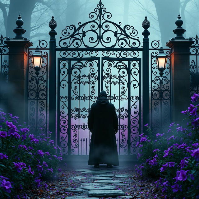 A mystical scene where the haunted gate from the first image, adorned with intricate black wrought iron design, is integrated into the enchanting pathway from the second image