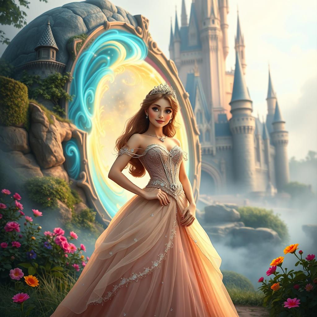 A beautiful princess standing confidently in front of a magical portal that leads to an enchanting castle