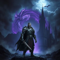 A fierce warrior standing boldly in front of a supernatural portal that leads to a dark, ominous castle