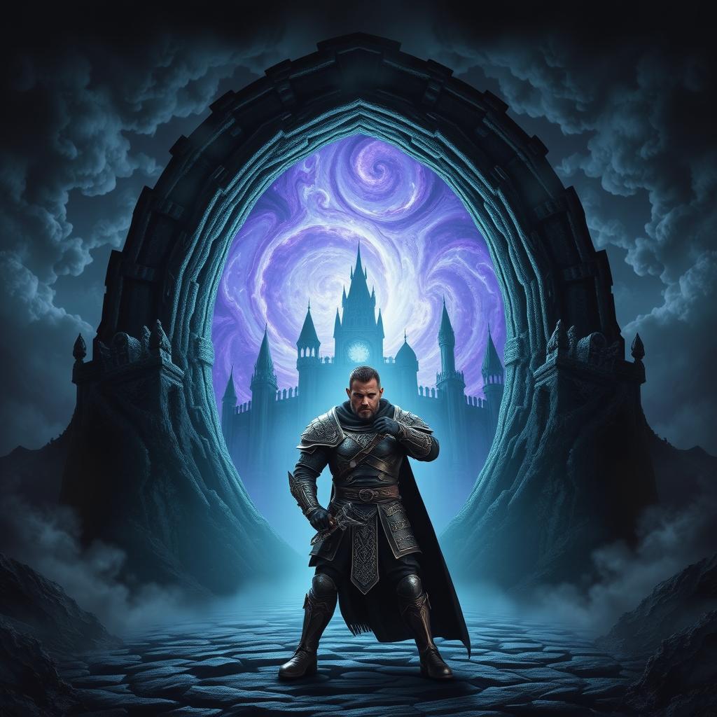 A fierce warrior standing boldly in front of a supernatural portal that leads to a dark, ominous castle