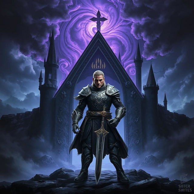 A fierce warrior standing boldly in front of a supernatural portal that leads to a dark, ominous castle