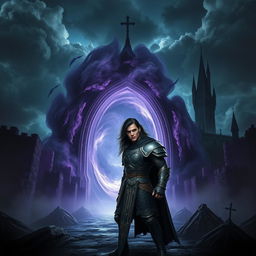 A fierce warrior standing boldly in front of a supernatural portal that leads to a dark, ominous castle