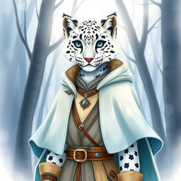 A watercolor illustration of a female snow leopard tabaxi, depicted in full-body view