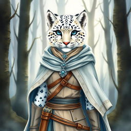 A watercolor illustration of a female snow leopard tabaxi, depicted in full-body view
