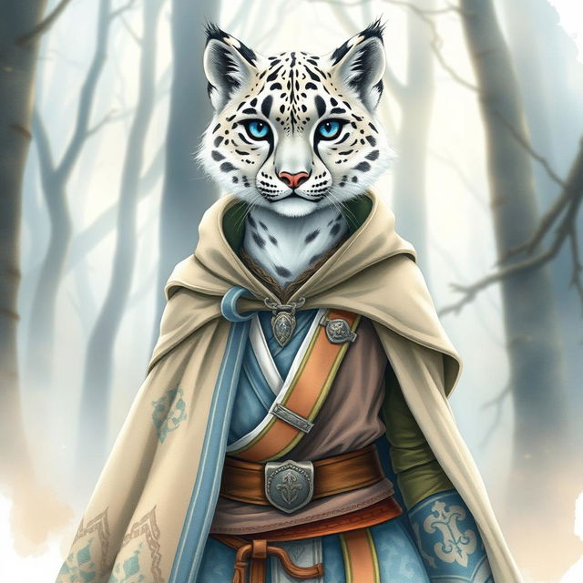 A watercolor illustration of a female snow leopard tabaxi, depicted in full-body view