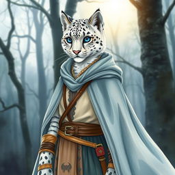 A watercolor illustration of a female snow leopard tabaxi, depicted in full-body view