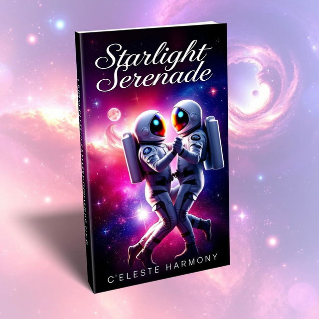 A romantic book cover design for "Starlight Serenade" by Celeste Harmony, featuring two astronauts dancing gracefully amidst a backdrop of sparkling stars and swirling galaxies