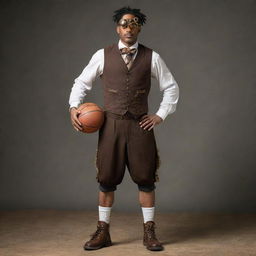 A steampunk basketball player donned in a Victorian-era outfit modified for athletic mobility. Core elements like brass goggles and mechanical knee braces merge seamlessly with sportswear. The player is set to dribble a cogwheel-themed ball on a court with vintage clockwork hoops.