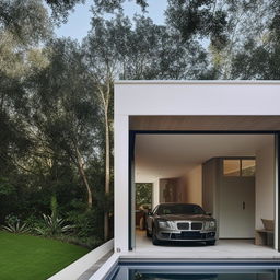 A minimalist two-storey house featuring a car garage, a small park and a swimming pool.