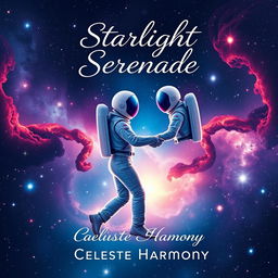 A romantic book cover design for "Starlight Serenade" by Celeste Harmony, featuring two astronauts dancing gracefully amidst a backdrop of sparkling stars and swirling galaxies