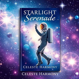 A romantic book cover design for 'Starlight Serenade' by Celeste Harmony, featuring two astronauts dancing gracefully among a mesmerizing array of stars and celestial bodies