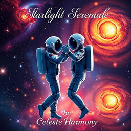 A romantic book cover design for "Starlight Serenade" by Celeste Harmony, featuring two astronauts dancing gracefully amidst a backdrop of sparkling stars and swirling galaxies