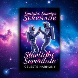A romantic book cover design for 'Starlight Serenade' by Celeste Harmony, featuring two astronauts dancing gracefully among a mesmerizing array of stars and celestial bodies