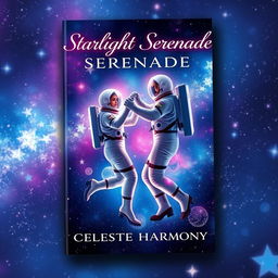 A romantic book cover design for 'Starlight Serenade' by Celeste Harmony, featuring two astronauts dancing gracefully among a mesmerizing array of stars and celestial bodies