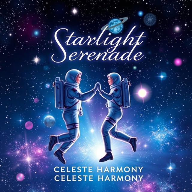 A romantic book cover design for 'Starlight Serenade' by Celeste Harmony, featuring two astronauts dancing gracefully among a mesmerizing array of stars and celestial bodies