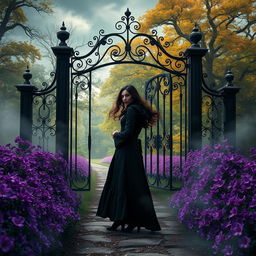 A mystical scene featuring a dark-robed woman standing at the haunted gate integrated into an enchanting pathway surrounded by vibrant purple flowers and ethereal mist