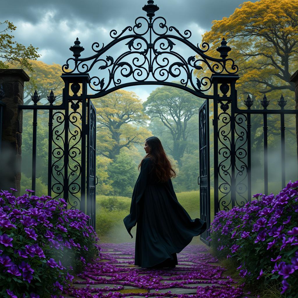 A mystical scene featuring a dark-robed woman standing at the haunted gate integrated into an enchanting pathway surrounded by vibrant purple flowers and ethereal mist