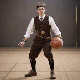 A steampunk basketball player donned in a Victorian-era outfit modified for athletic mobility. Core elements like brass goggles and mechanical knee braces merge seamlessly with sportswear. The player is set to dribble a cogwheel-themed ball on a court with vintage clockwork hoops.