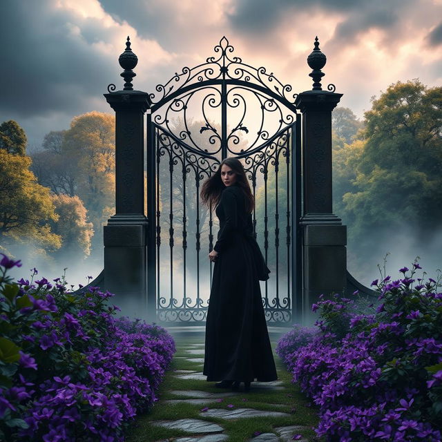 A mystical scene featuring a dark-robed woman standing at the haunted gate integrated into an enchanting pathway surrounded by vibrant purple flowers and ethereal mist