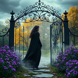 A mystical scene featuring a dark-robed woman standing at the haunted gate integrated into an enchanting pathway surrounded by vibrant purple flowers and ethereal mist