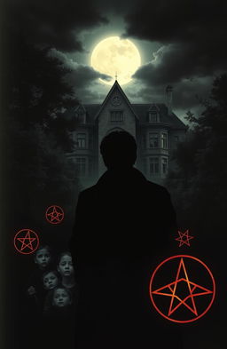 An eerie book cover illustration that captures the theme of ghost stories and Satanism teachings, featuring the silhouette of a famous celebrity surrounded by dark shadows, enhancing the mysterious atmosphere