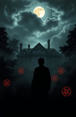 An eerie book cover illustration that captures the theme of ghost stories and Satanism teachings, featuring the silhouette of a famous celebrity surrounded by dark shadows, enhancing the mysterious atmosphere