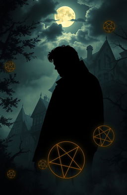 An eerie book cover illustration that captures the theme of ghost stories and Satanism teachings, featuring the silhouette of a famous celebrity surrounded by dark shadows, enhancing the mysterious atmosphere