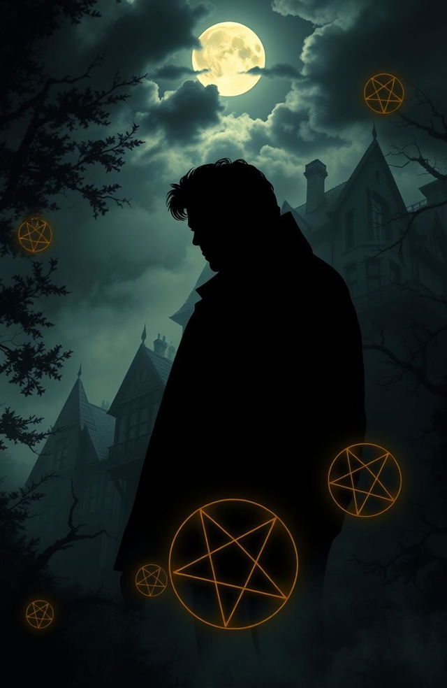 An eerie book cover illustration that captures the theme of ghost stories and Satanism teachings, featuring the silhouette of a famous celebrity surrounded by dark shadows, enhancing the mysterious atmosphere