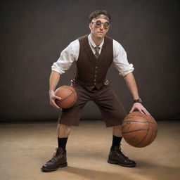 A steampunk basketball player donned in a Victorian-era outfit modified for athletic mobility. Core elements like brass goggles and mechanical knee braces merge seamlessly with sportswear. The player is set to dribble a cogwheel-themed ball on a court with vintage clockwork hoops.