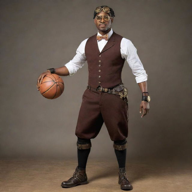 A steampunk basketball player donned in a Victorian-era outfit modified for athletic mobility. Core elements like brass goggles and mechanical knee braces merge seamlessly with sportswear. The player is set to dribble a cogwheel-themed ball on a court with vintage clockwork hoops.