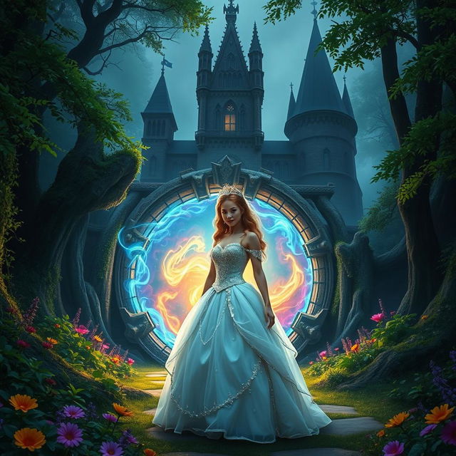 A captivating scene featuring a beautiful princess standing confidently in front of a magical portal that leads to an enchanting castle