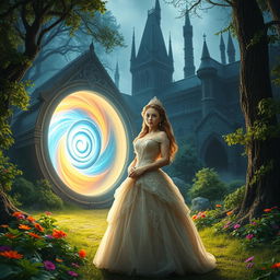 A captivating scene featuring a beautiful princess standing confidently in front of a magical portal that leads to an enchanting castle
