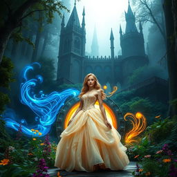 A captivating scene featuring a beautiful princess standing confidently in front of a magical portal that leads to an enchanting castle