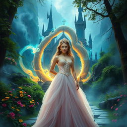 A captivating scene featuring a beautiful princess standing confidently in front of a magical portal that leads to an enchanting castle