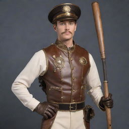 A steampunk-themed baseball player, dressed in a richly detailed 19th century uniform with metallic accents, brass shoulder guards, and mechanized gloves. The baseball bat is a unique fusion of wood and intricate clockwork elements, ready to strike a gear-studded ball.