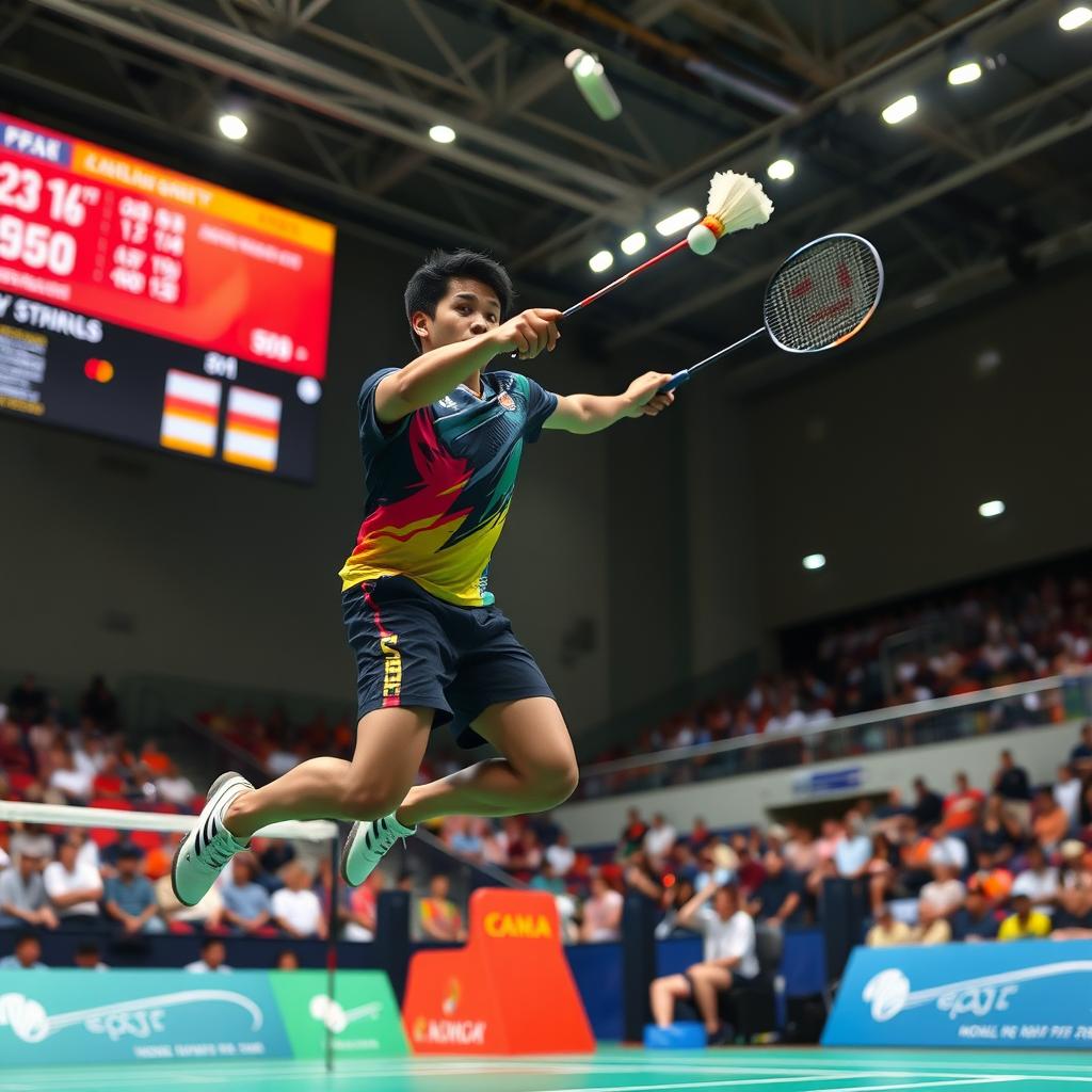 A professional badminton player in action, displaying a powerful leap to hit a shuttlecock mid-air