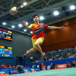 A professional badminton player in action, displaying a powerful leap to hit a shuttlecock mid-air