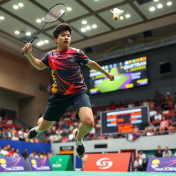 A professional badminton player in action, displaying a powerful leap to hit a shuttlecock mid-air