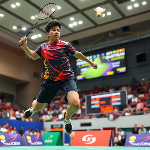 A professional badminton player in action, displaying a powerful leap to hit a shuttlecock mid-air