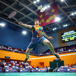 A professional badminton player in action, displaying a powerful leap to hit a shuttlecock mid-air