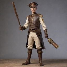 A steampunk-themed baseball player, dressed in a richly detailed 19th century uniform with metallic accents, brass shoulder guards, and mechanized gloves. The baseball bat is a unique fusion of wood and intricate clockwork elements, ready to strike a gear-studded ball.