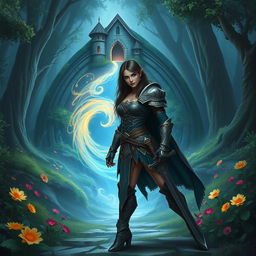 A fierce warrior standing confidently in front of a magical portal leading to an enchanting castle