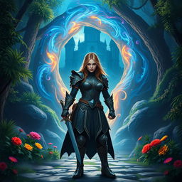A fierce warrior standing confidently in front of a magical portal leading to an enchanting castle