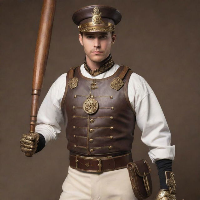 A steampunk-themed baseball player, dressed in a richly detailed 19th century uniform with metallic accents, brass shoulder guards, and mechanized gloves. The baseball bat is a unique fusion of wood and intricate clockwork elements, ready to strike a gear-studded ball.