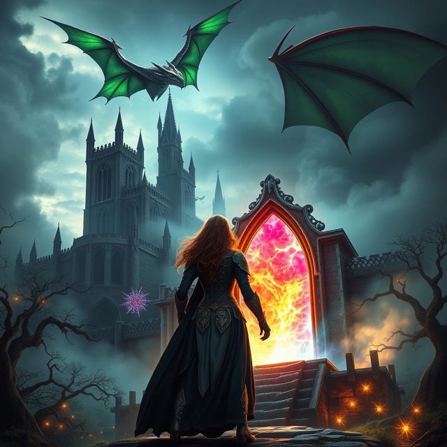 A striking scene featuring a powerful woman standing confidently before a magical portal that glows with vibrant colors, leading to a dark, ominous castle