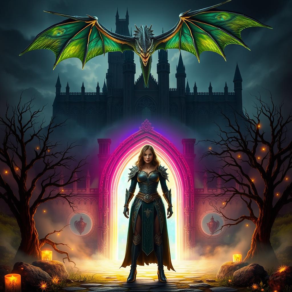 A striking scene featuring a powerful woman standing confidently before a magical portal that glows with vibrant colors, leading to a dark, ominous castle