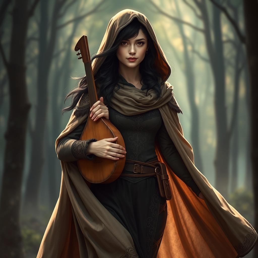 A cloaked dark-haired woman embodying a bard ranger style