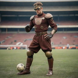 A steampunk football/soccer player in Victorian-era athletic garb accentuated with brass-crafted shoulder pads, goggles, and mechanically-enhanced boots. The football is a curious creation with vintage leather and embedded cogs, being pictured mid-kick against a backdrop of a grand industrial arena.