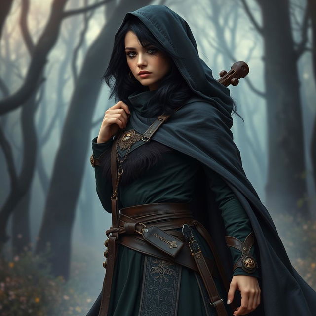 A cloaked dark-haired woman embodying a bard ranger style