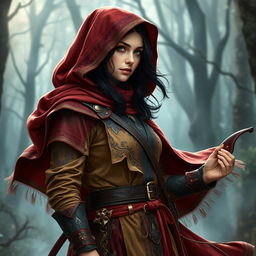 A cloaked dark-haired woman embodying a bard ranger style